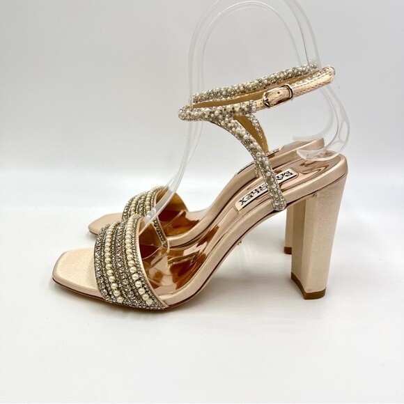 Badgley Mischka Size 5 Kari Soft Nude‎ Satin Jeweled Block Open Toe Heels Shoes - Picture 6 of 13